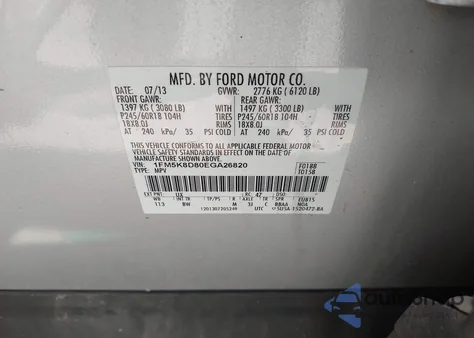 2014 Ford Explorer Xlt из США, поврежденный, VIN 1FM5K8D80EGA26820